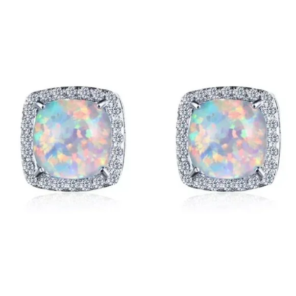 NEW White Gold White Opal Diamond Halo Earrings - Picture 4 of 6